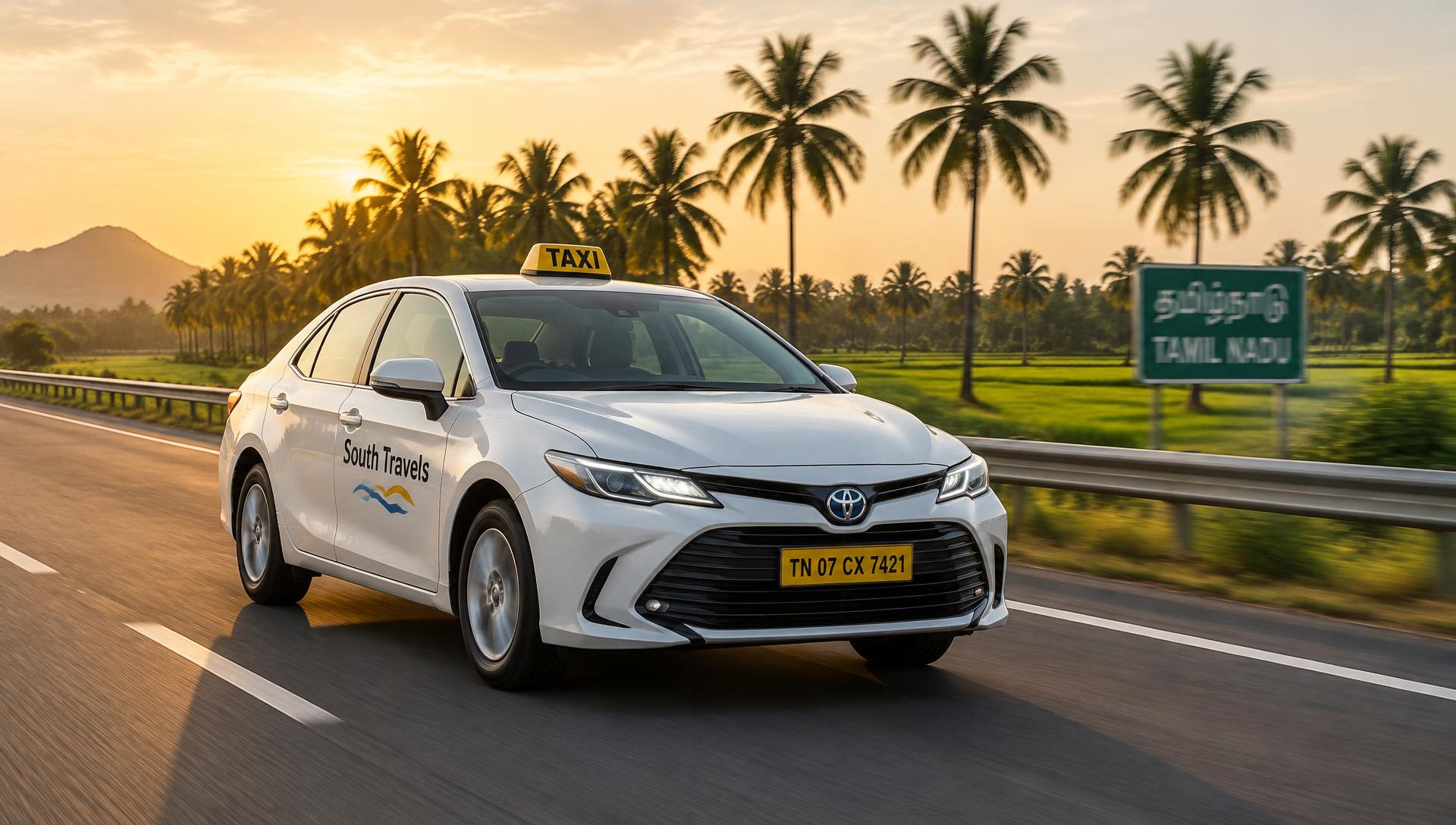 Taxi driving on a Tamil Nadu highway at sunset